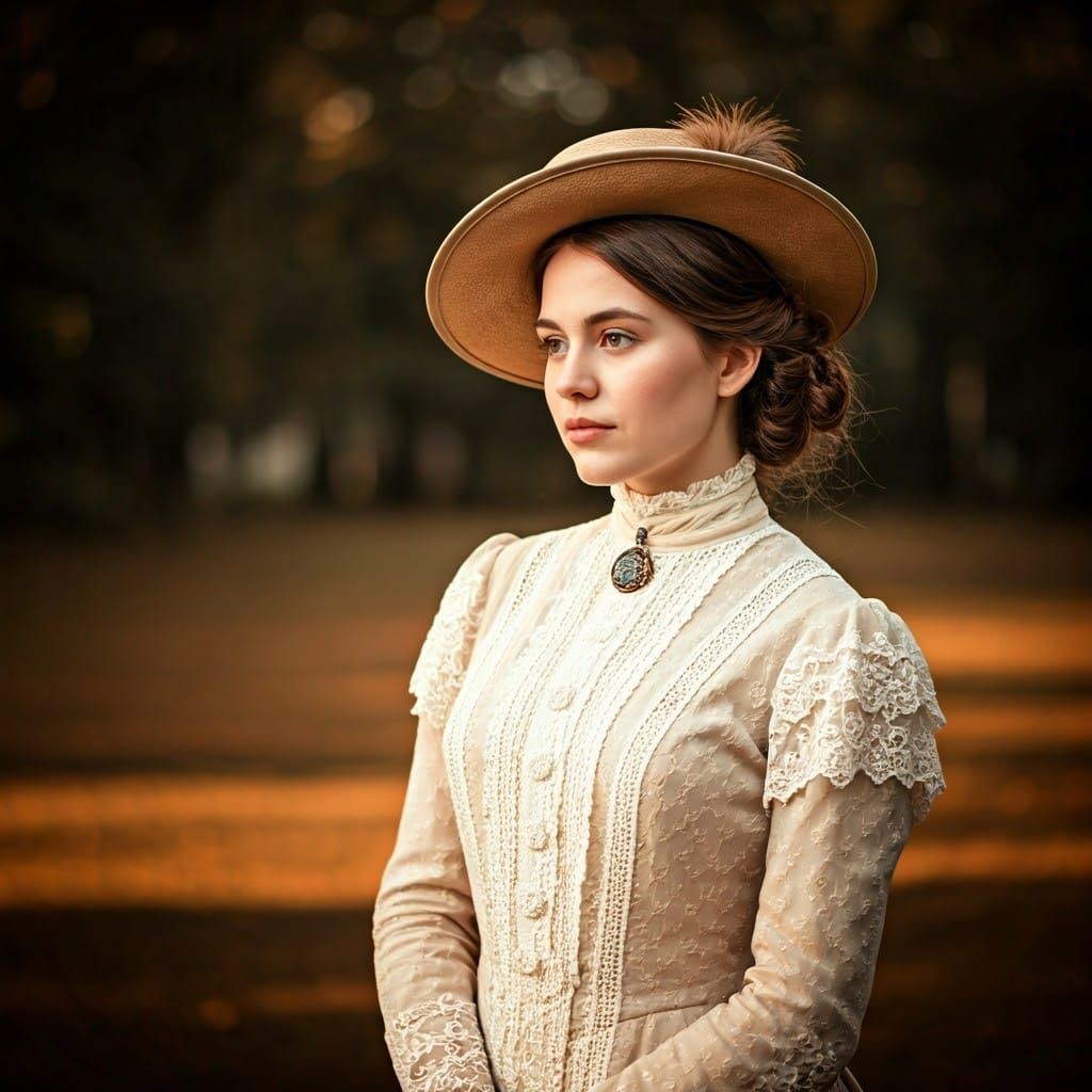Elegant Victorian Era Lady with Classic Hat and Lace Details
