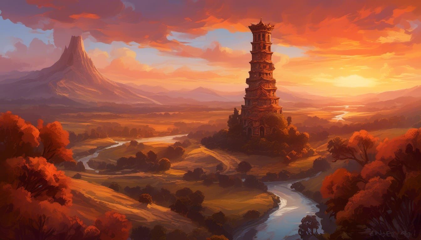 Ancient Tower Shines in Fantastical Sunset Landscape