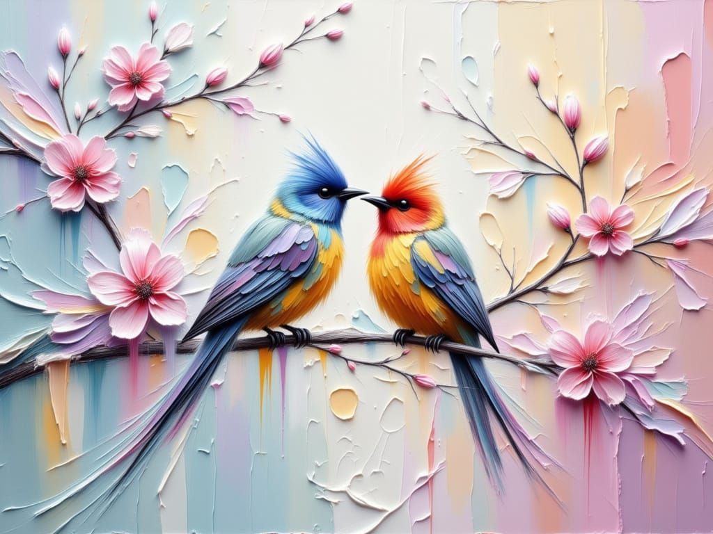 Colorful Birds on Blossoming Branch as Impasto Oil Painting