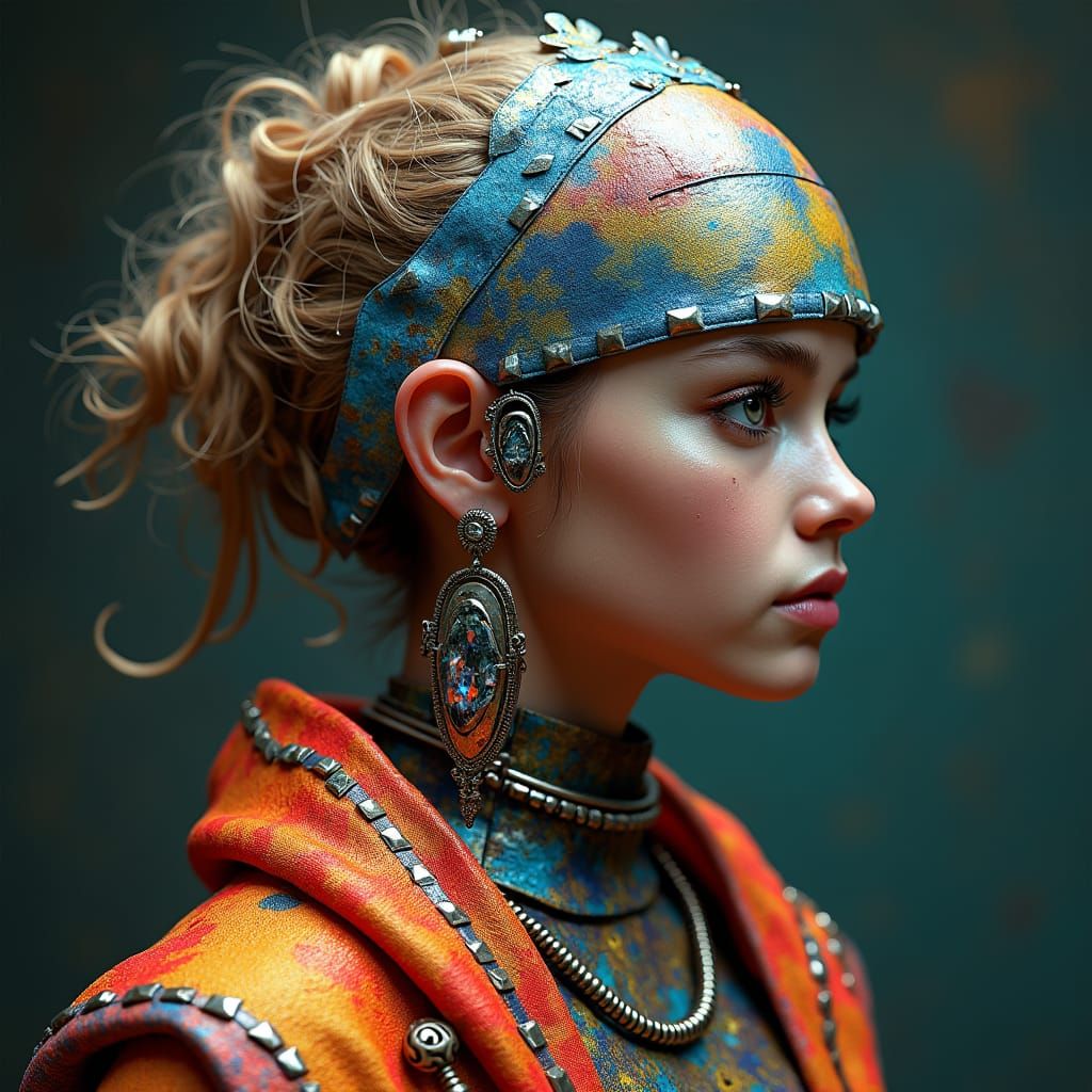 Hyperrealistic Hunter Portrait in Vibrant, Iridescent Fabric...