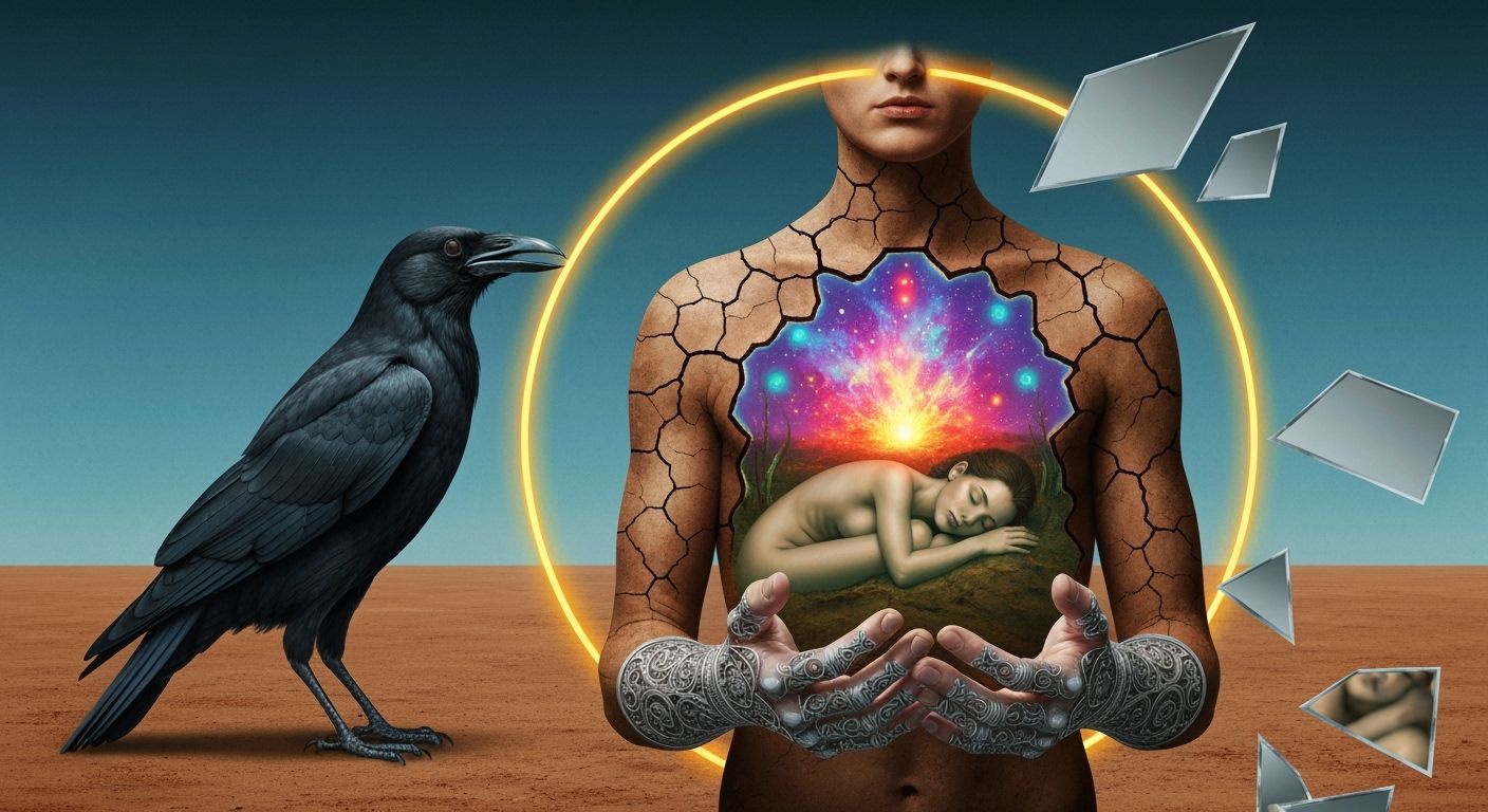 Crow Guides Soul to Underworld Amidst Surreal Oasis