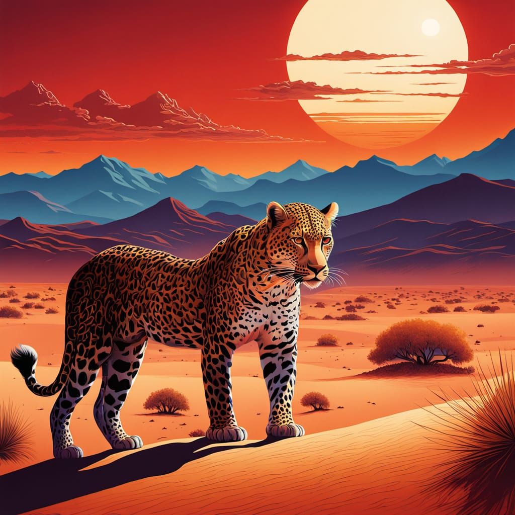 Vibrant Leopard in Surreal Desert Landscape