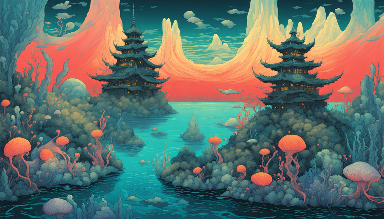 Underwater Metropolis with Leviathans, Yoshitaka Amano Style