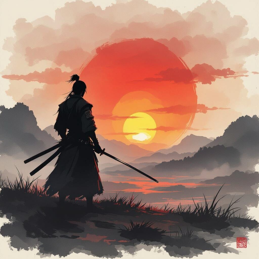 Samurai Warrior at Fiery Sunset in Sumi-e Style