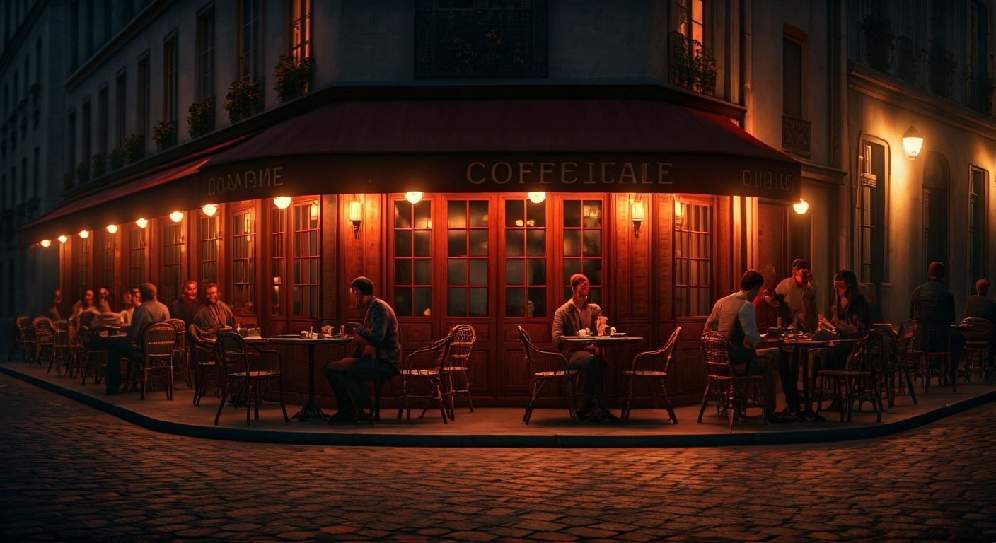 Bustling Parisian Cafe at Dusk in Neo-Impressionist Style