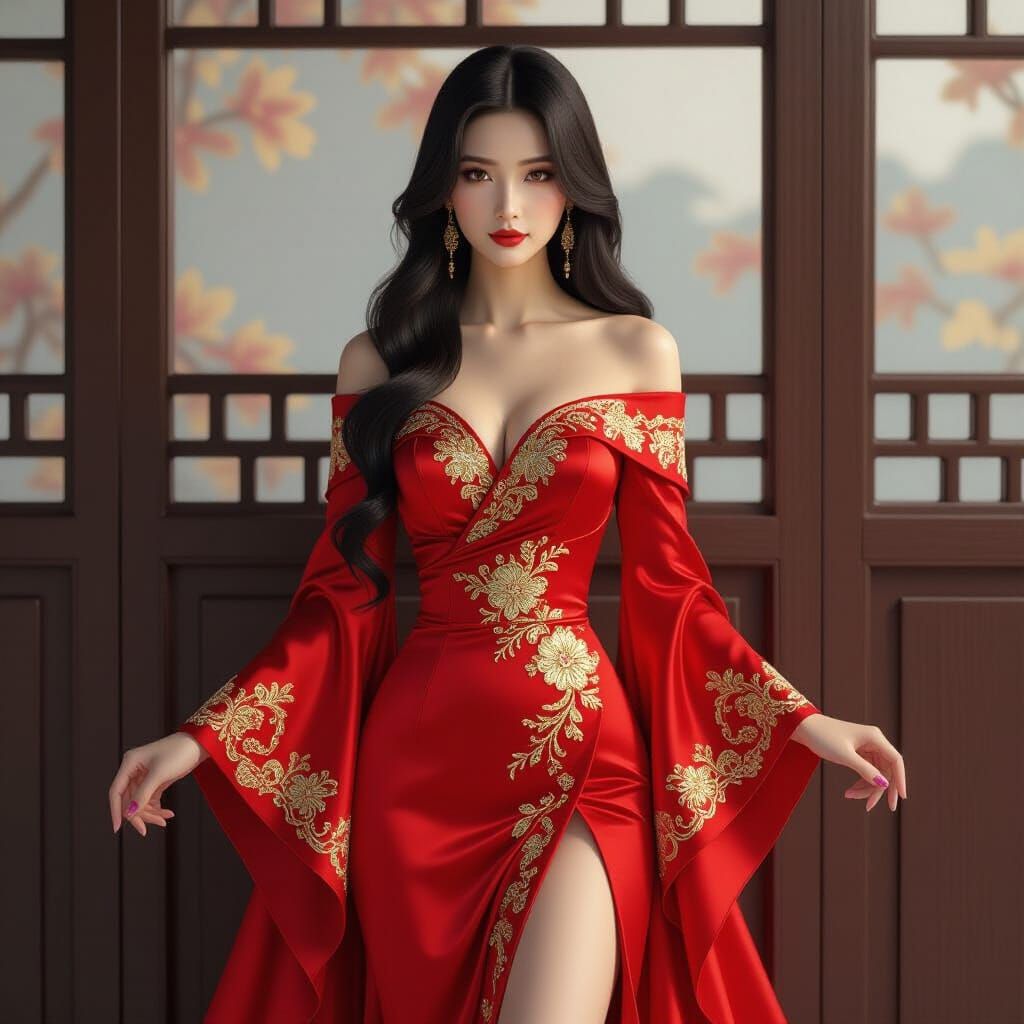 Chinese Woman in Red Silk Gown: 3D Digital Art