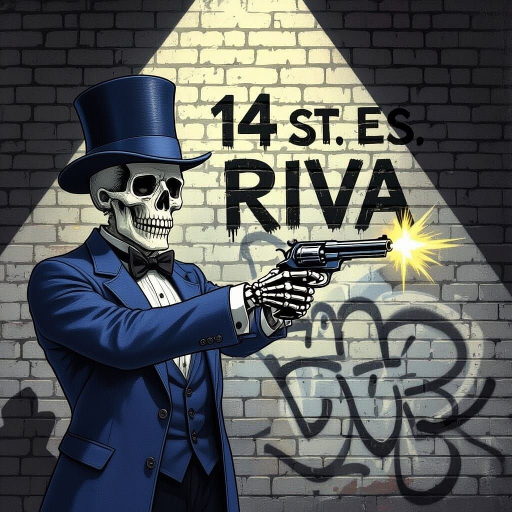Skeleton Aiming Pistol with "14 St ES RIVA" Background