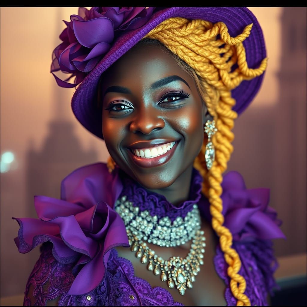 Smiling Woman in Victorian Dress, Cinematic Lighting