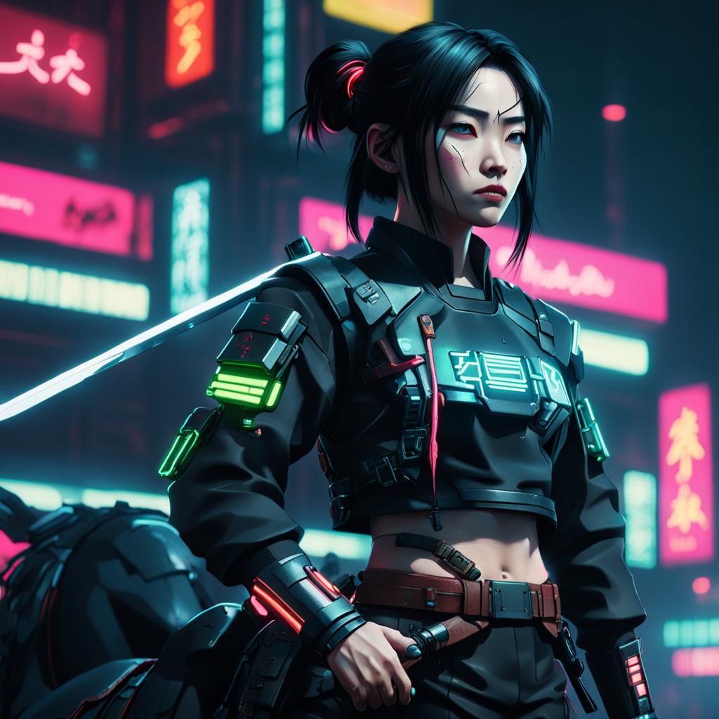 Cyberpunk Goddess Wields Neon Katana, Horse Mecha by Futuris...