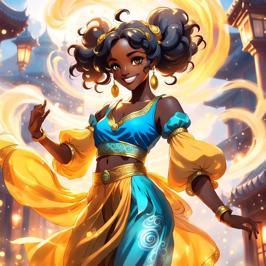 Sophisticated Anime Genie Girl Stepping Out of Enchanted Mis...