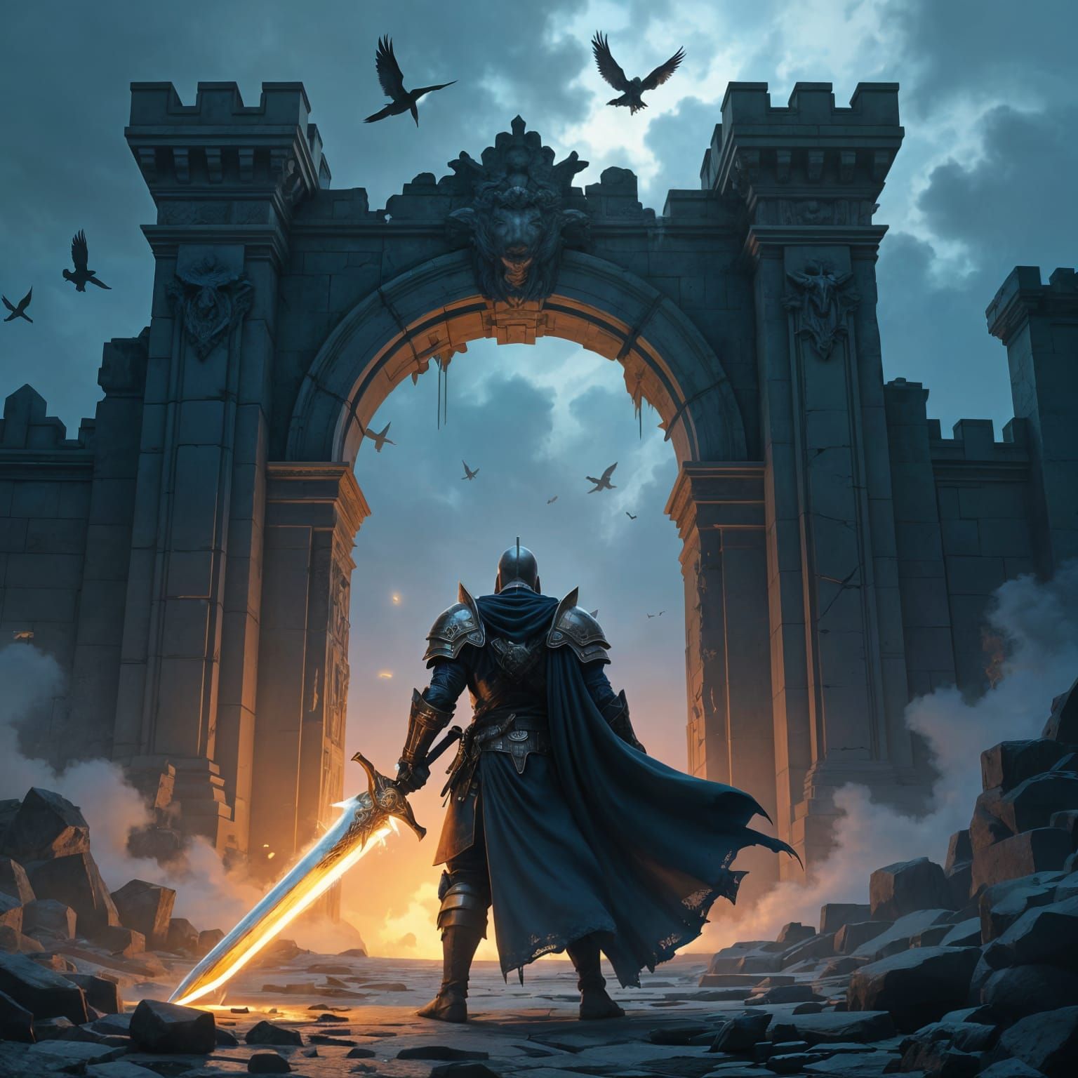 Knight at Lost Kingdom Gates with Glowing Sword