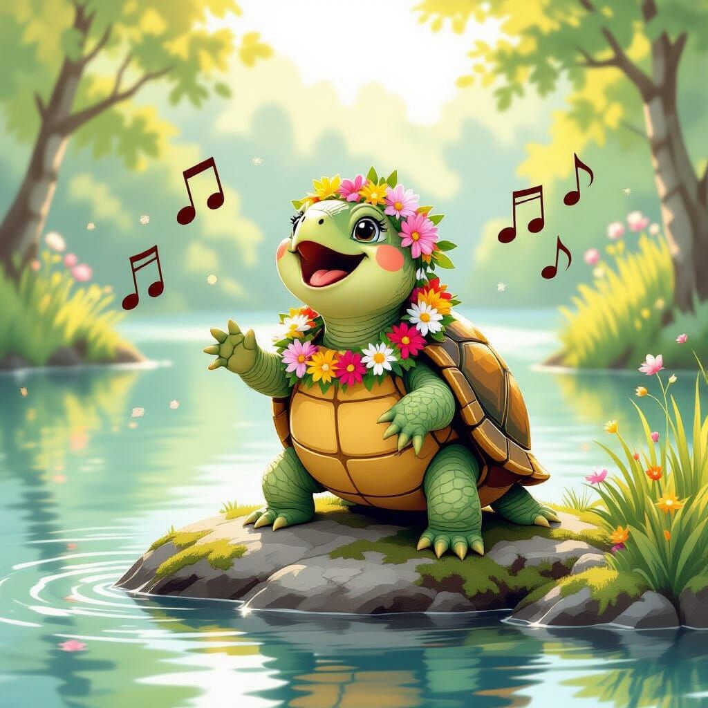 Whimsical Singing Turtle in Storybook Illustration Style