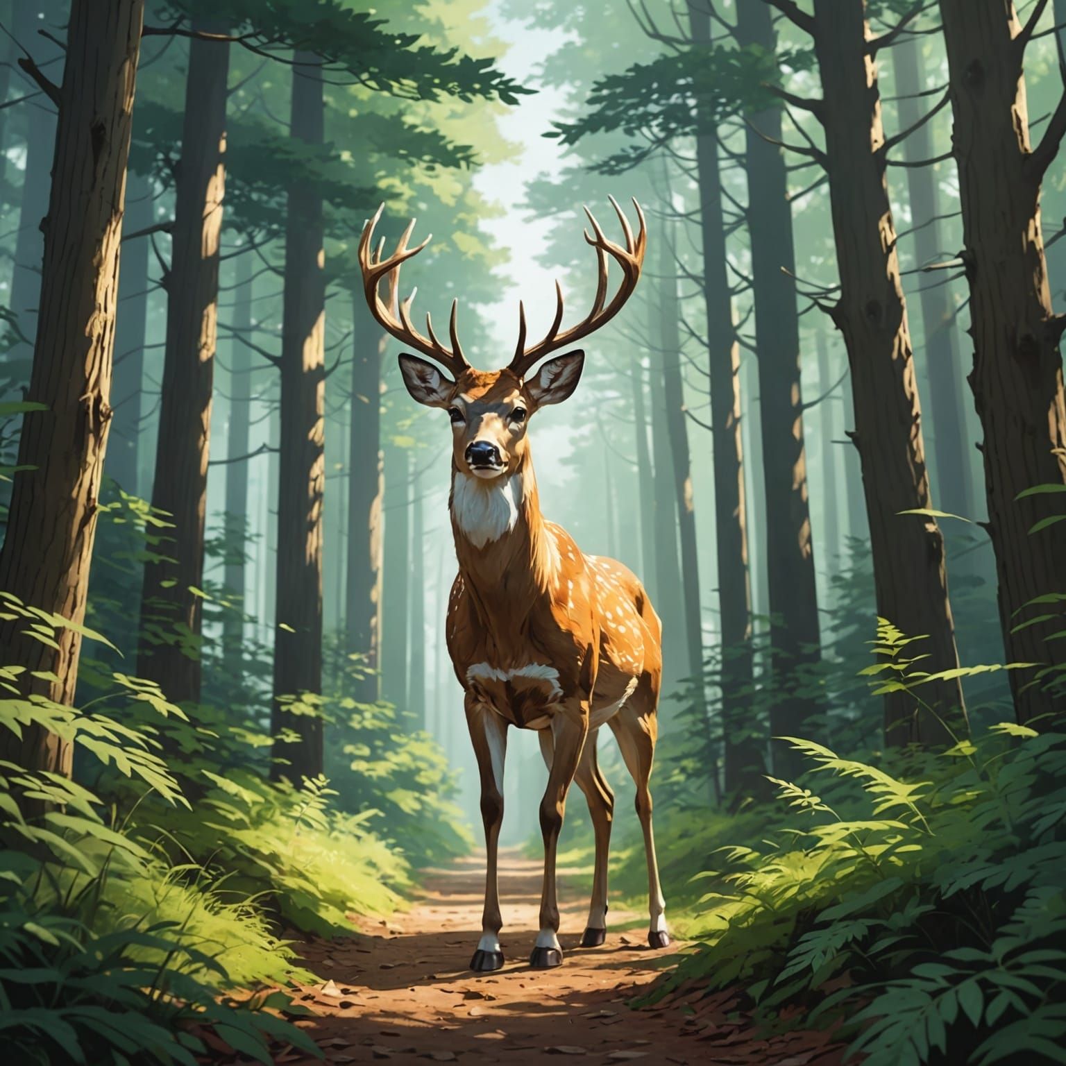 Surreal White Deer Roams Through a Lush Temperate Forest