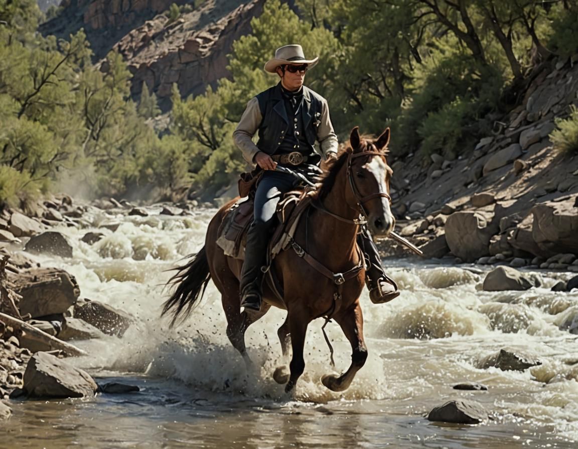 Cowboy Hero Rides Horse Through Water