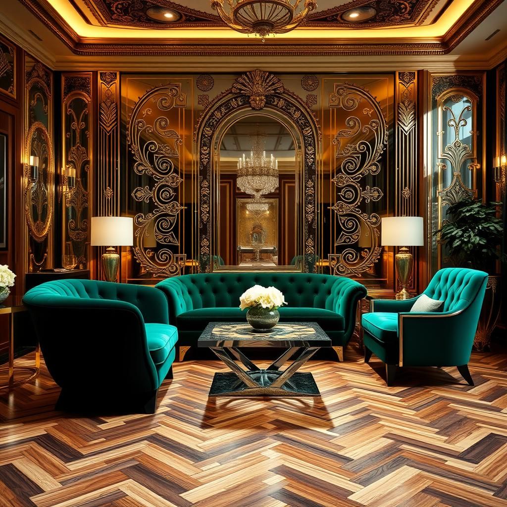 Glamorous Art Deco Interior in Vibrant Emerald and Metallic....