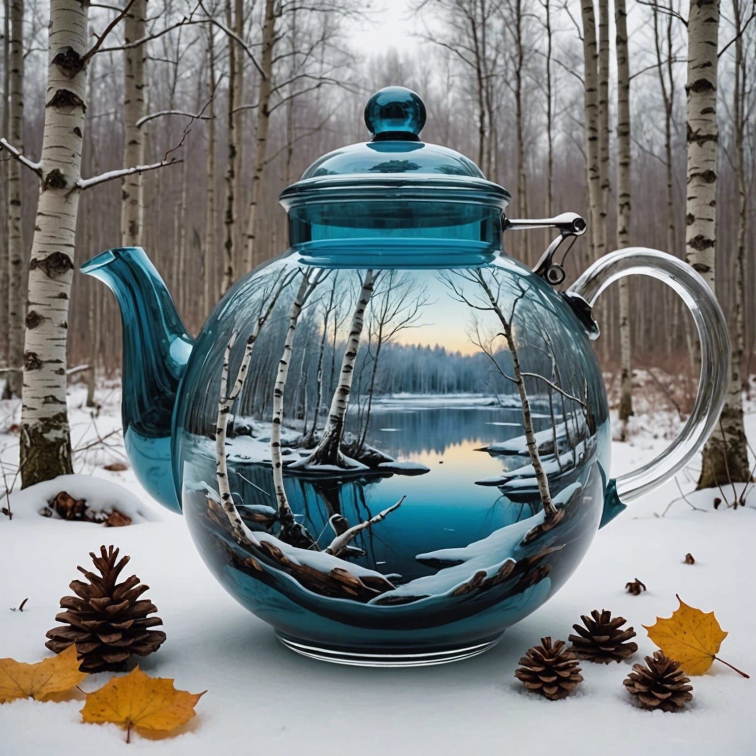 Mystical Winter Scene in a Glass Teapot
