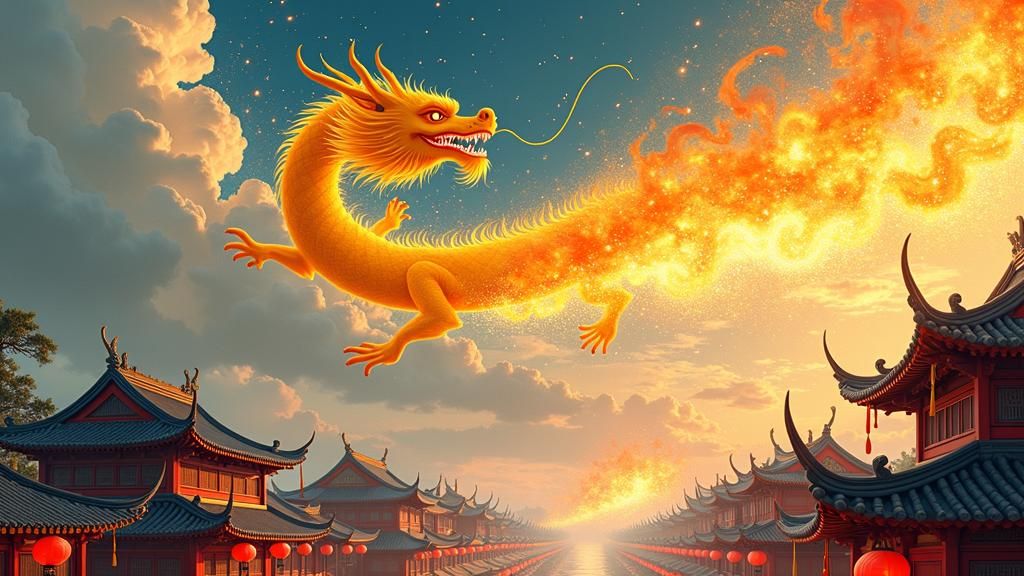 Vibrant Golden Dragon Soars Above Chinese Village with Firew...