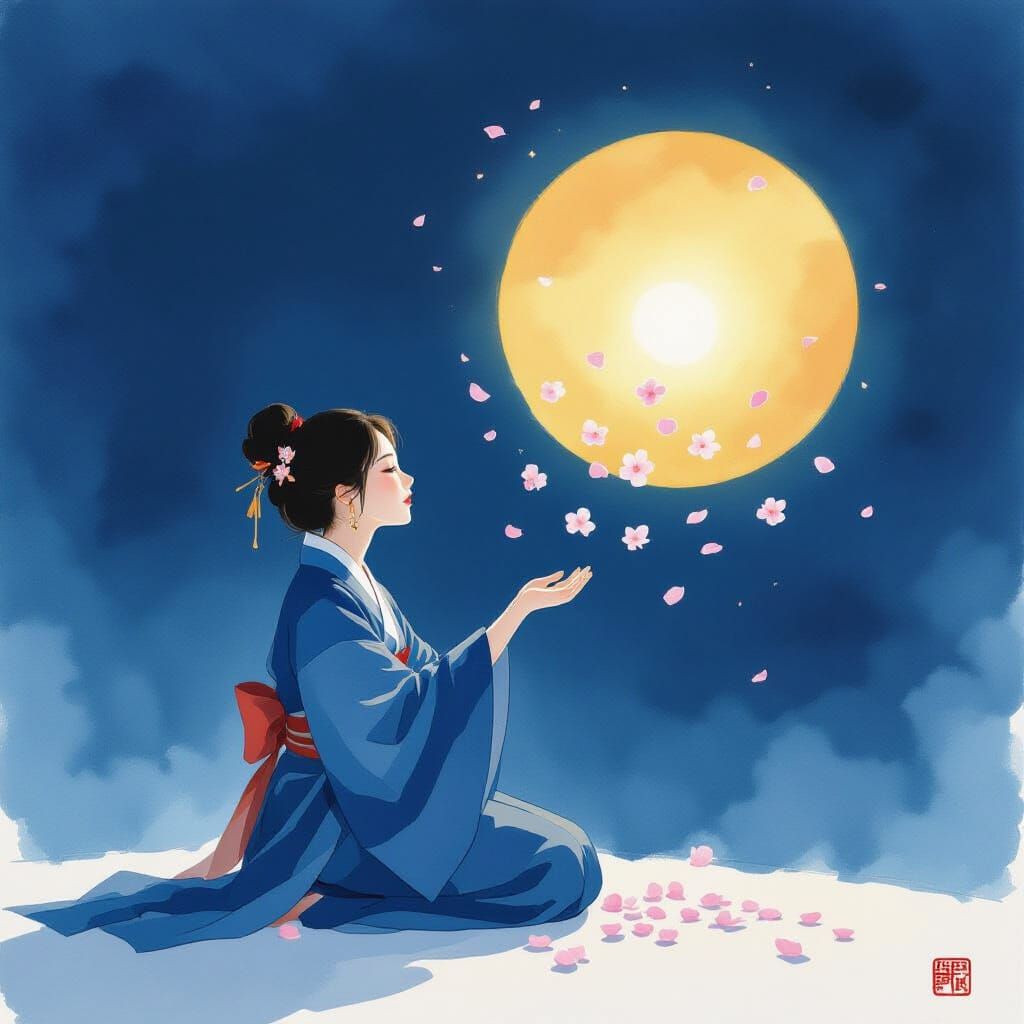 Korean Woman Reaching for Light with Cherry Blossoms