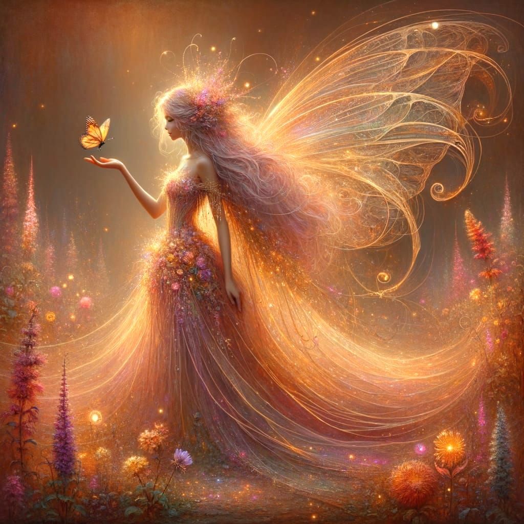 Enchanting Fairy in a Wildflower Meadow with Golden Gossamer...