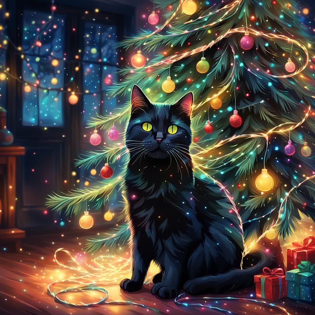 Whimsical Christmas Cat in a Tangled Tree