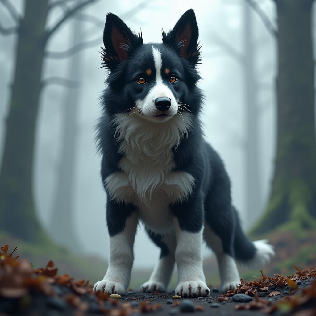 Majestic Black Dog Standing Heroically in a Fantastical Envi...