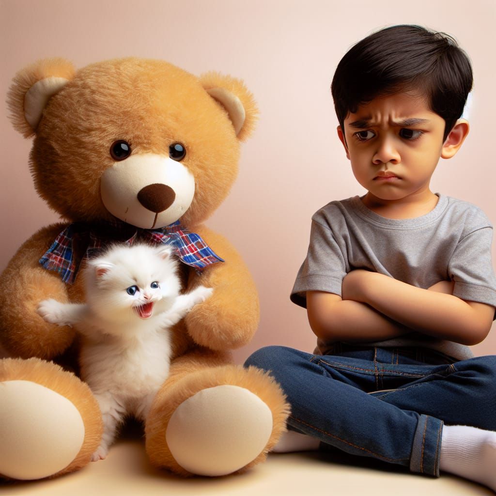 South Asian Boy Stares at Happy Kitten Scratching Teddy Bear