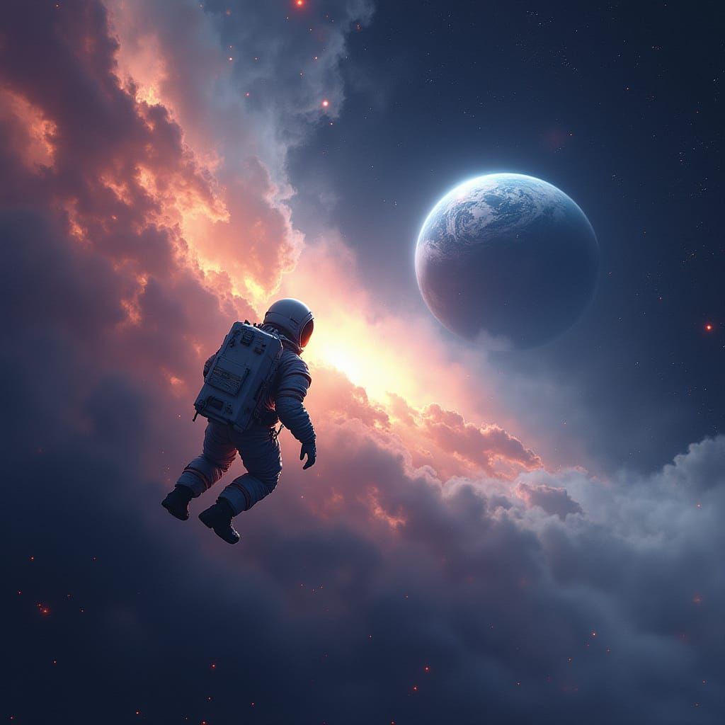 Astronaut Gazes at Nebula Above Earth