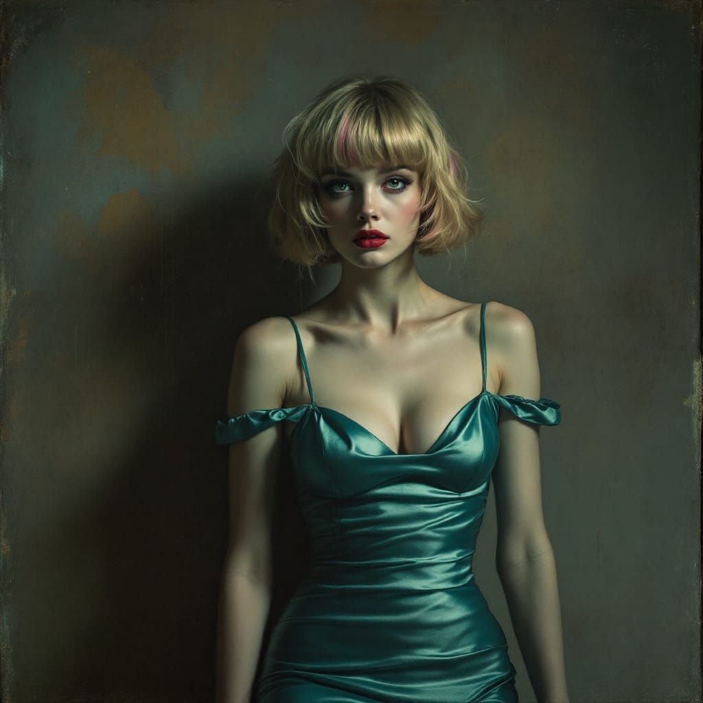 Melancholy Pin-Up Woman in Cyan Dress, Volumetric Light