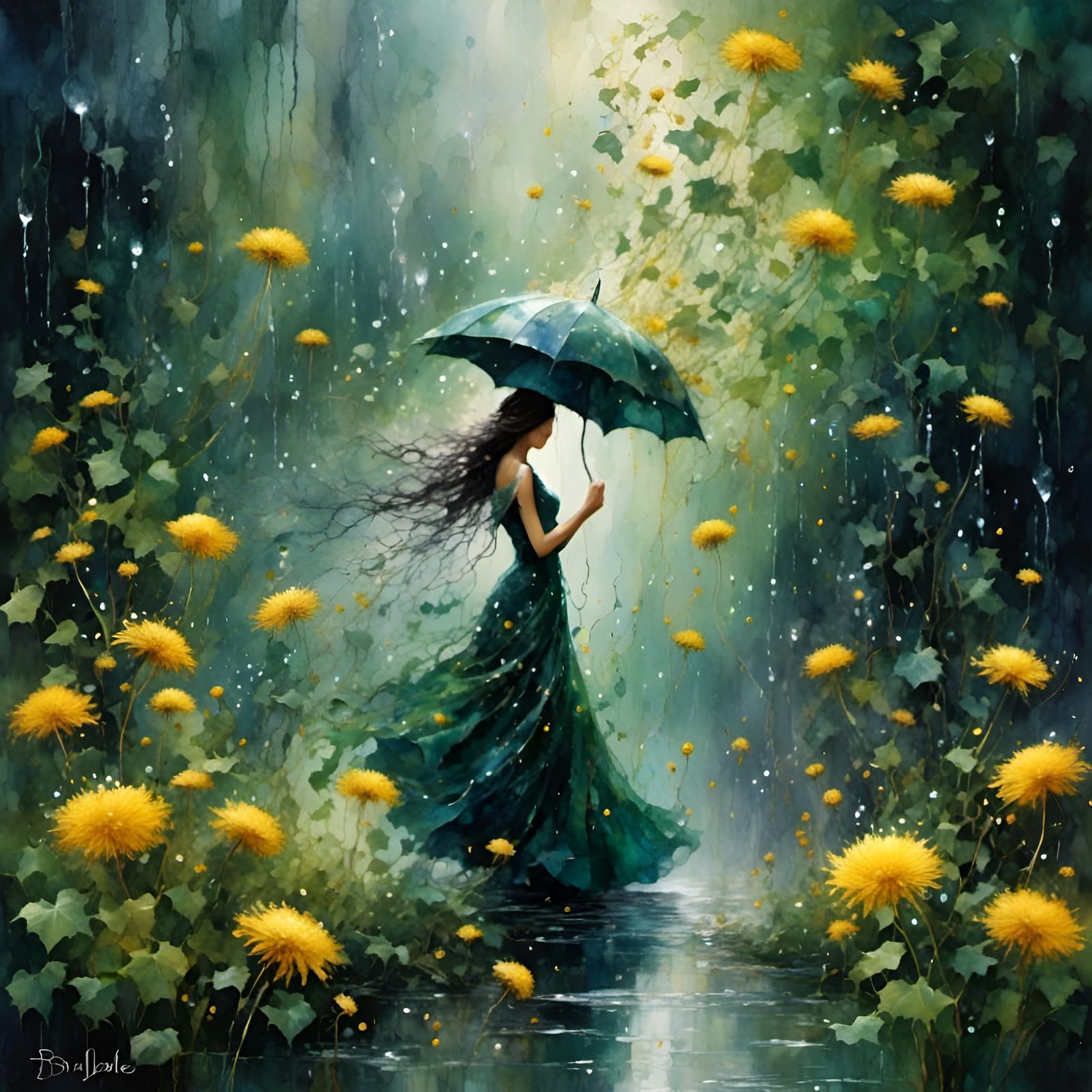 Woman Twirling in the Rain with Ivy Vines and Dandelions