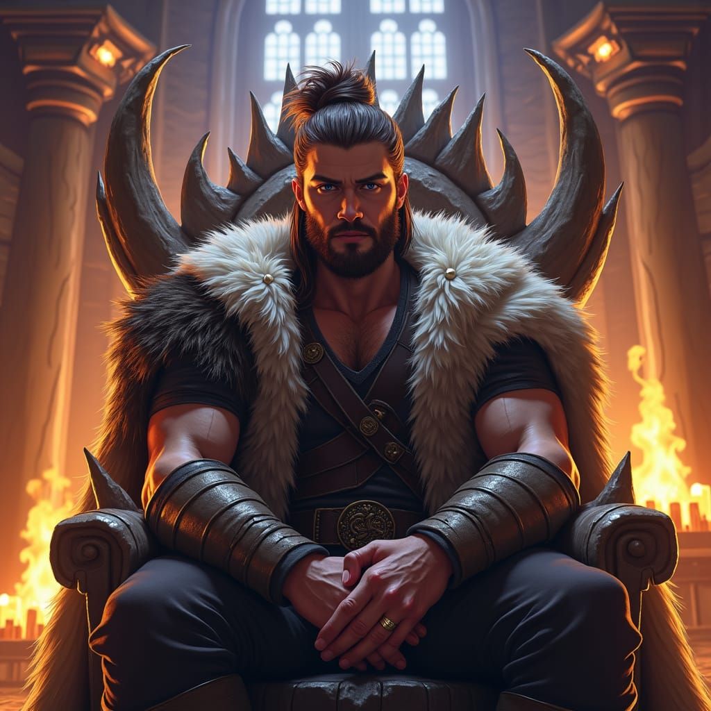 Regal Young Warrior Sits on Dragon Bone Throne