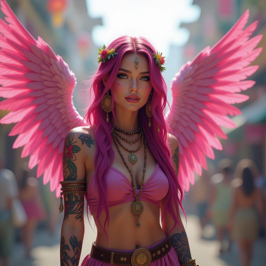 Pink Hippie Angel with Tattoos and Boho Clothing