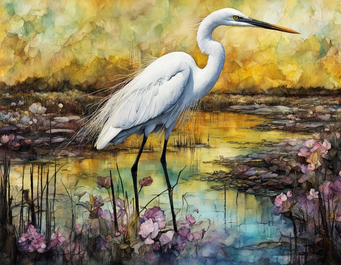 Elegant Eastern Great Egret in Vibrant, Dreamlike Salt Marsh...