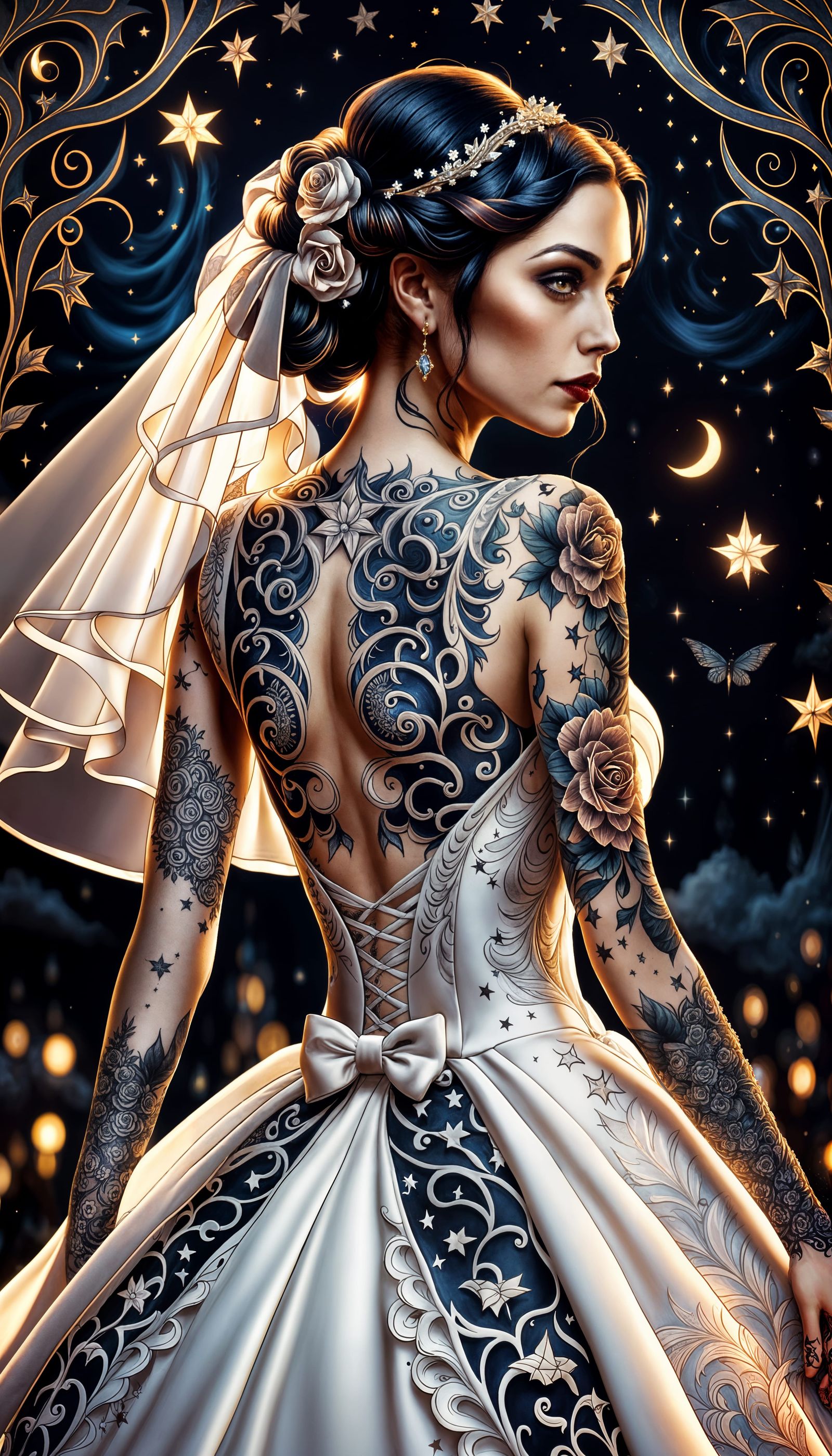 Gothic Bride in Whimsical Starry Night Attire