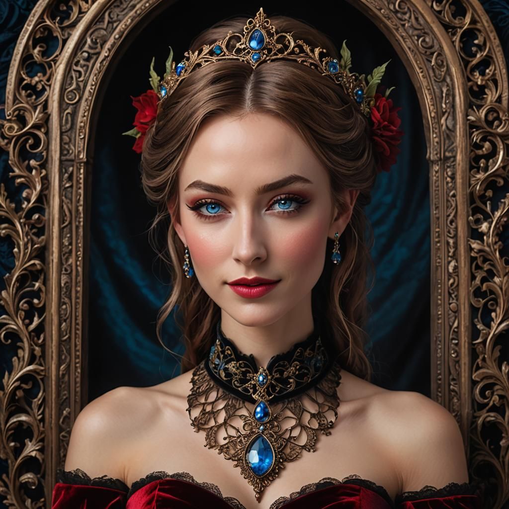 Elegant Elvish Woman in Victorian Red Velvet Bustier and Cho...