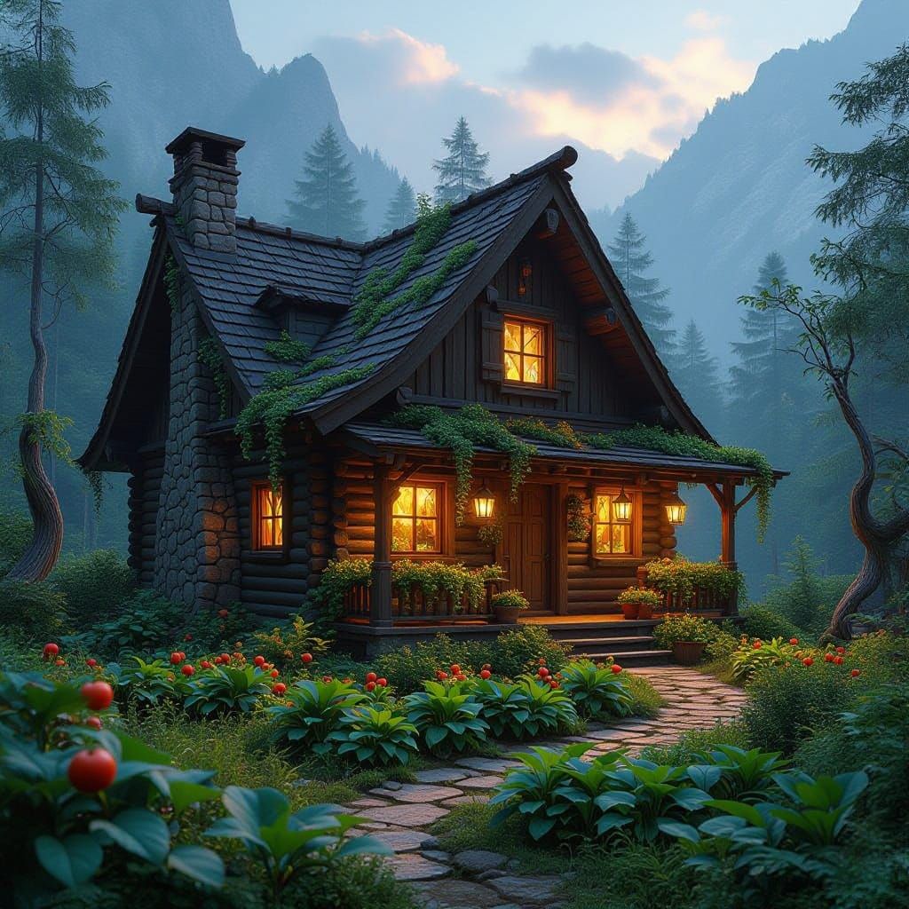 Mystical Log Cabin Amidst Whimsical Mountainscape