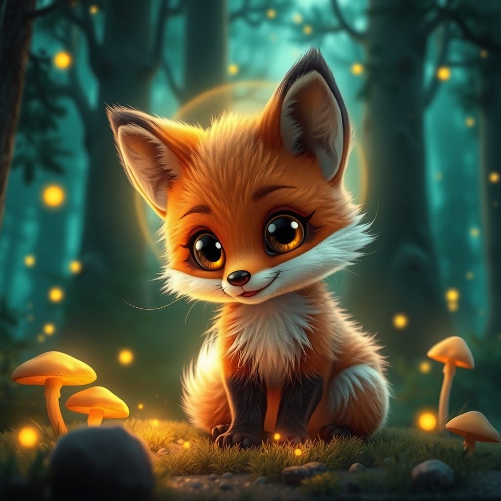 Whimsical Baby Fox in Enchanted Forest