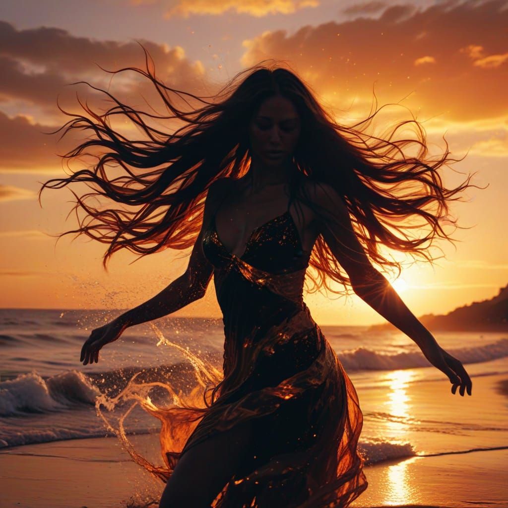 Ethereal Silhouette Dancer on Beach at Sunset