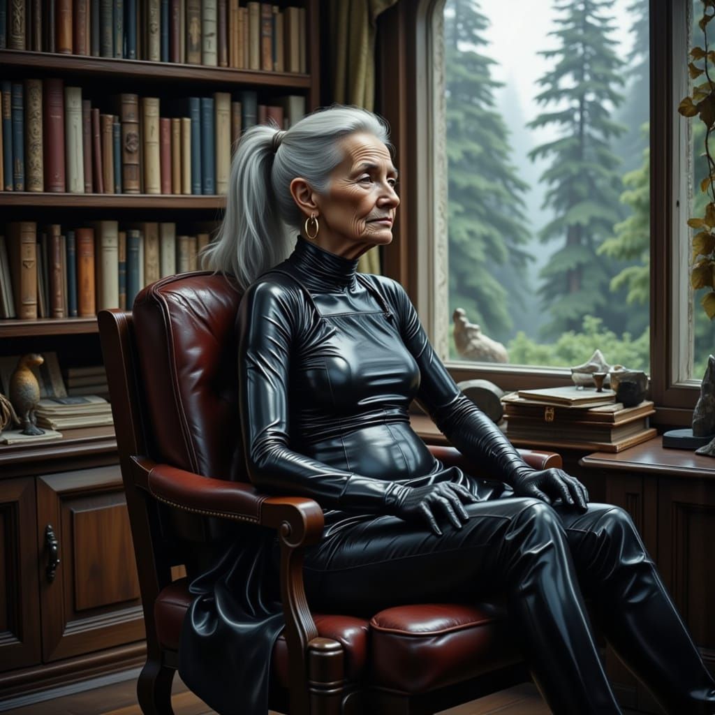 Sad Elderly Woman in Metallic Catsuit in Library