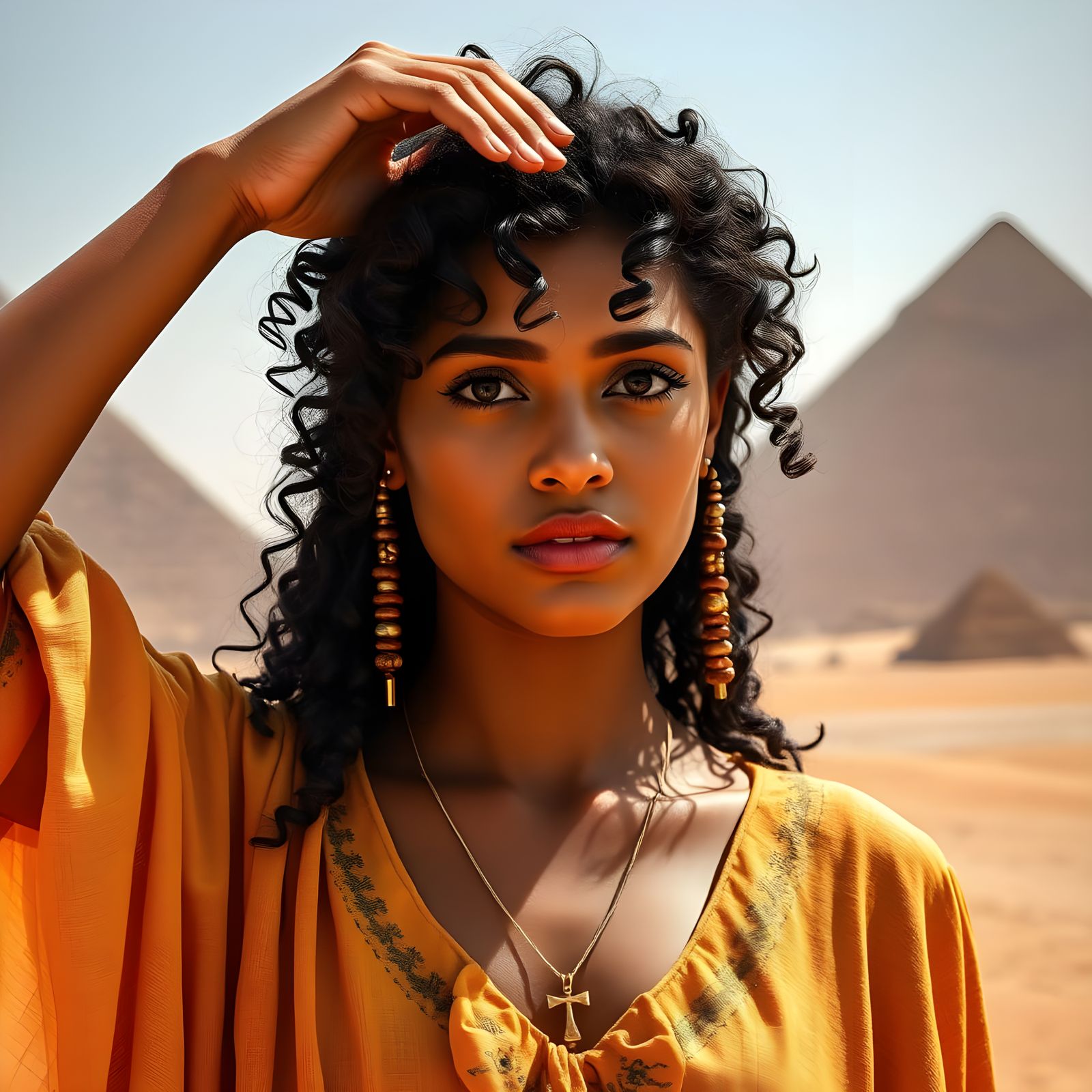 Egyptian woman in the shadow of the ancient pyramids.