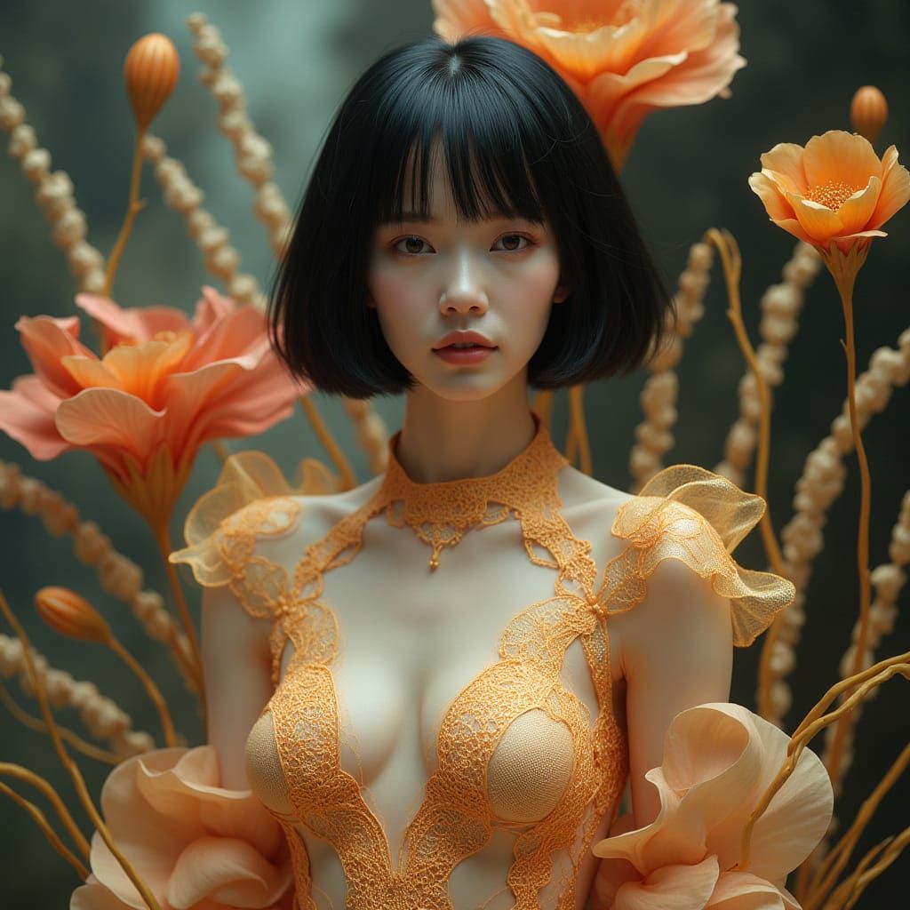 Elegant Woman in Futuristic, Sculptural Composition