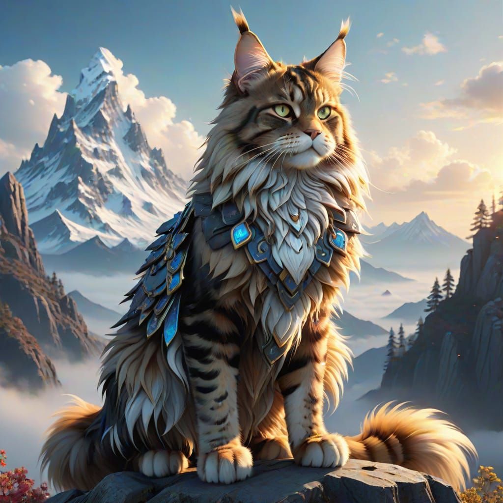 Regal Maine Coon Cat Warrior in Anime Style