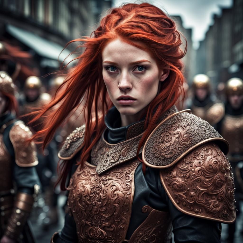 Rebellious Redheaded Warrior in Moody, High-Contrast Landsca...