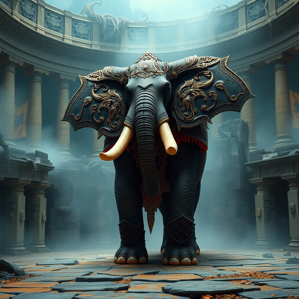 Ethereal Elephant Warrior in Ancient Colosseum