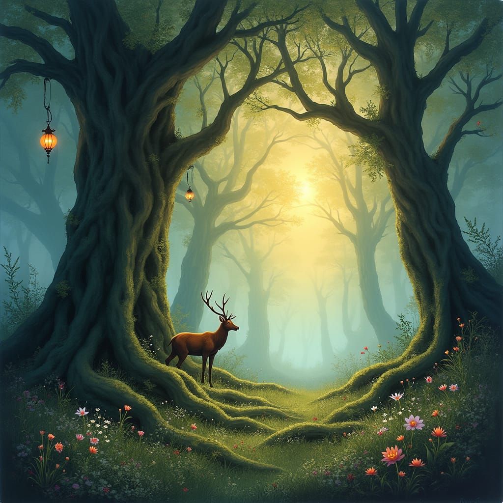 Mystical Dawn Forest Scene in Ethereal Watercolor Style