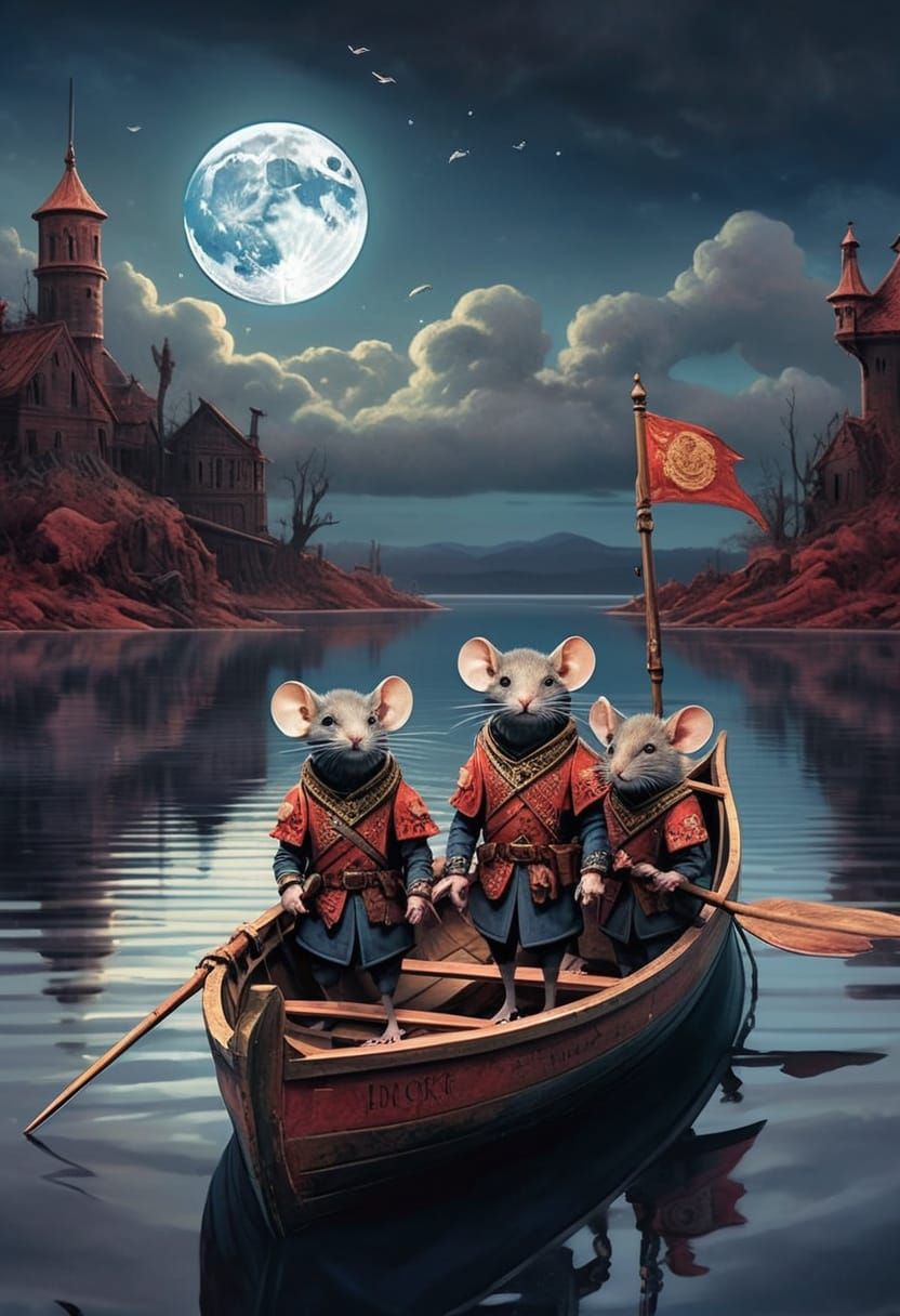 Three distinguished gentleman mice, resplendent in intricately tailored, brass-buttoned, formal crimson military dress u...