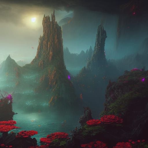 Surreal Fantasy Landscape with Deep Colors and Intricate Det...