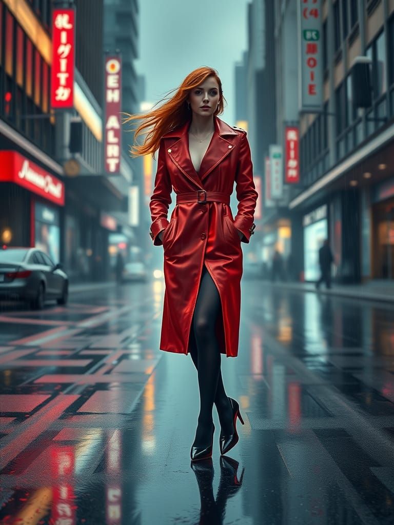 Cyberpunk Woman in Red Coat on Rainy Street