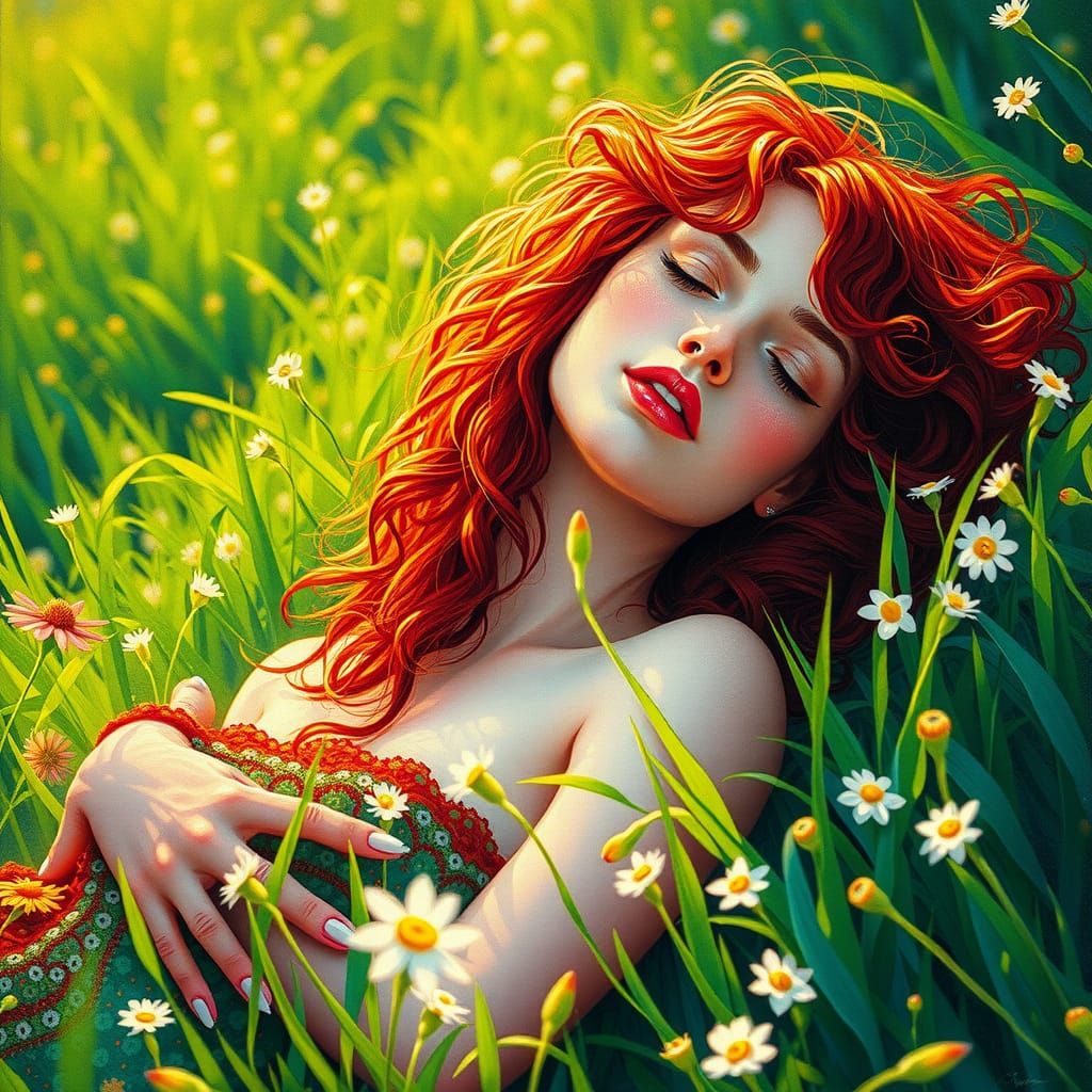 Ethereal Pointillist Woman in a Lush Meadow