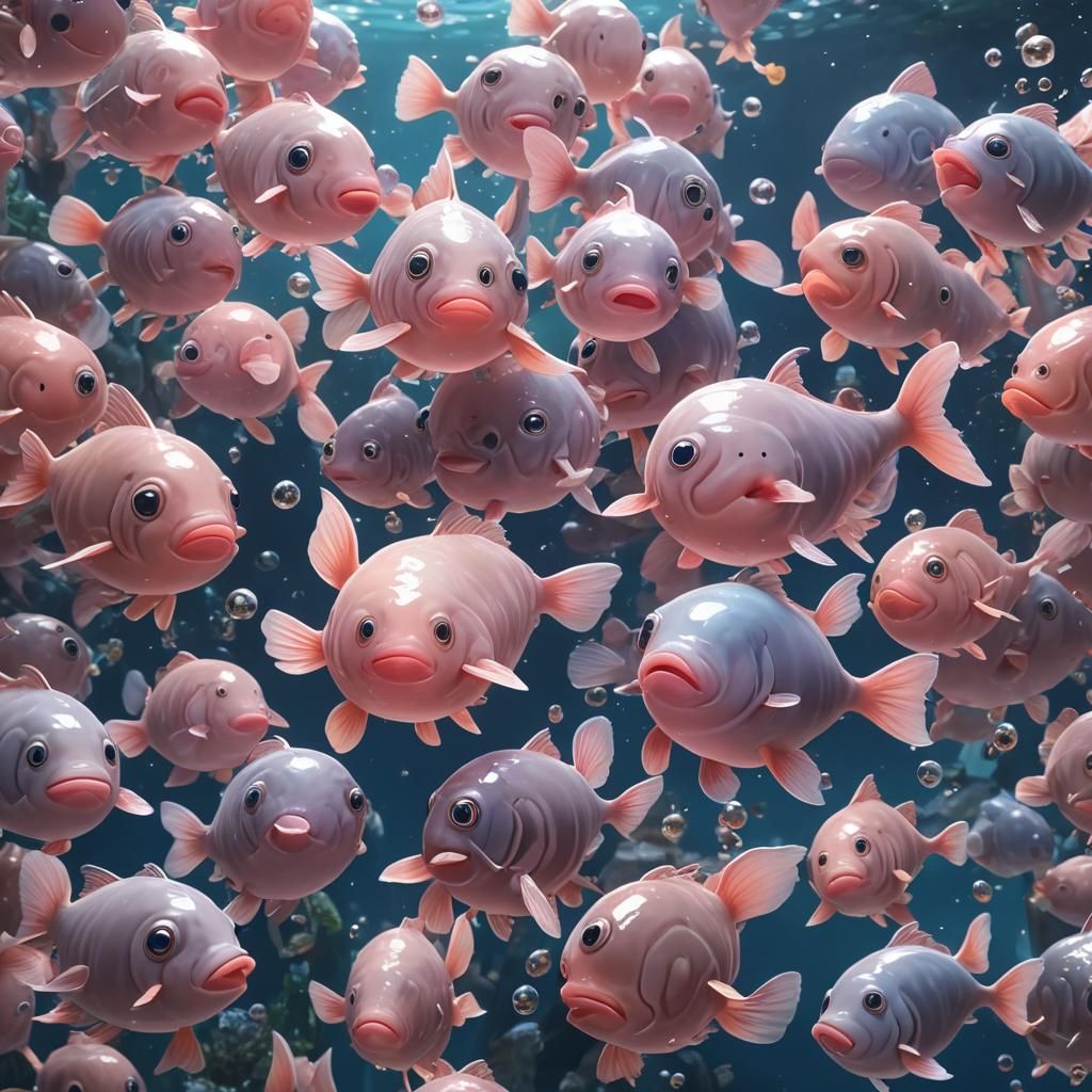 Dreamy 3D Anime Blob Fish in Ethereal Fantasy Landscapes