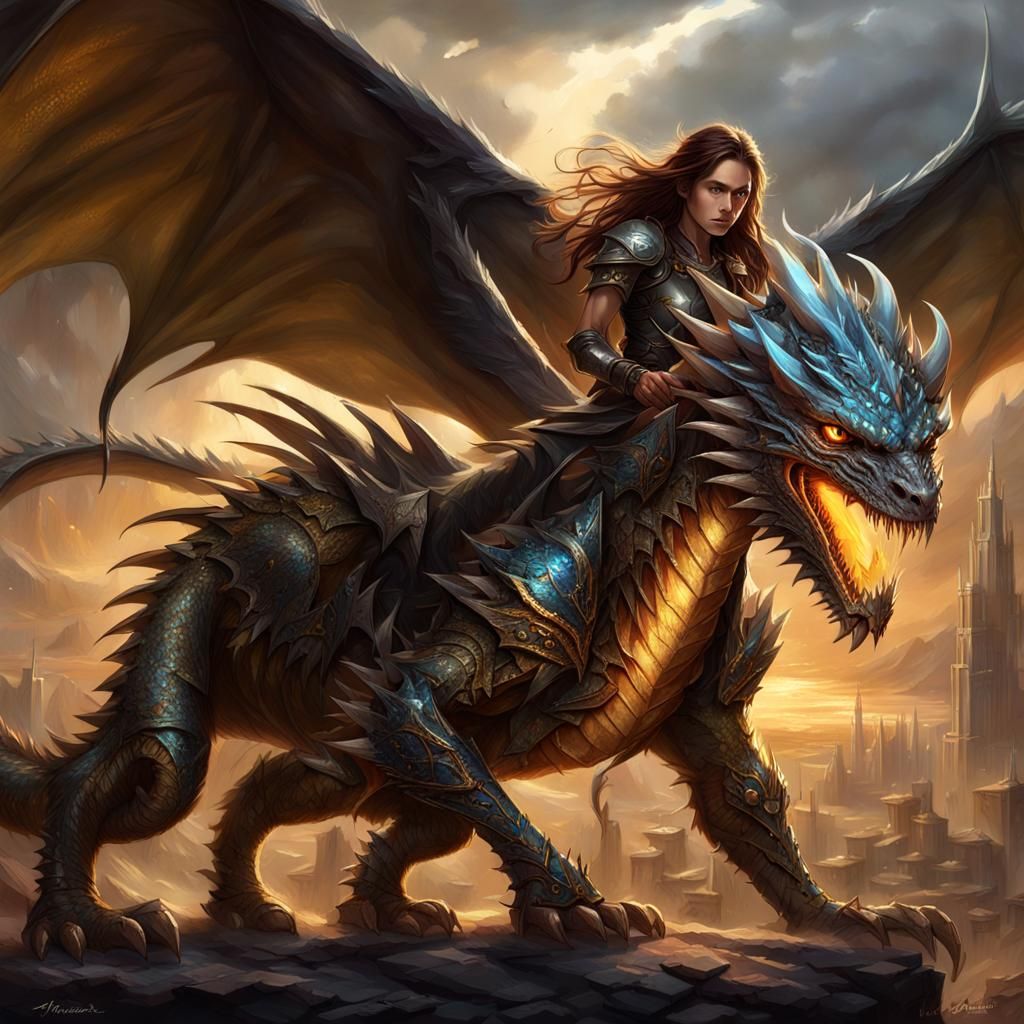 Mystical Dragon Rider in Leather Armor, Riding Two Majestic...